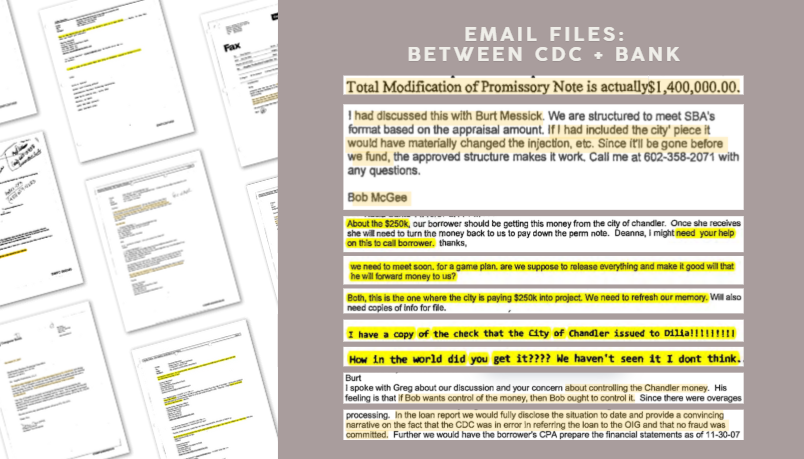 Internal email correspondence between CDC president and bank officials discussing SBA 504 loan coordination, including statements about meeting for game plan and not worrying about city grant funds