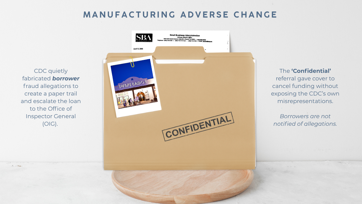 Confidential folder with Inspirador venue photo and SBA document illustrating CDC fraud referral mechanism. CDC fabricated borrower allegations to Office of Inspector General, creating cover to cancel SBA 504 funding without exposing own false certifications.