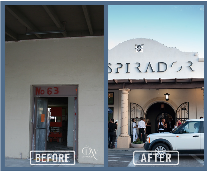63 East Boston Street Chandler Arizona before and after adaptive reuse redevelopment by Dilia Wood showing historic O.S. Stapley Hardware Store transformation into Inspirador 2006-2013