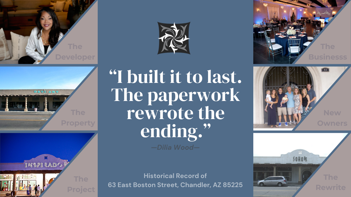 Dilia Wood, developer of the Inspirador adaptive reuse project at 63 East Boston Street Chandler Arizona, alongside the property, the operating business, the new owners, and the current SoHo63 rewrite — historical record composite image.
