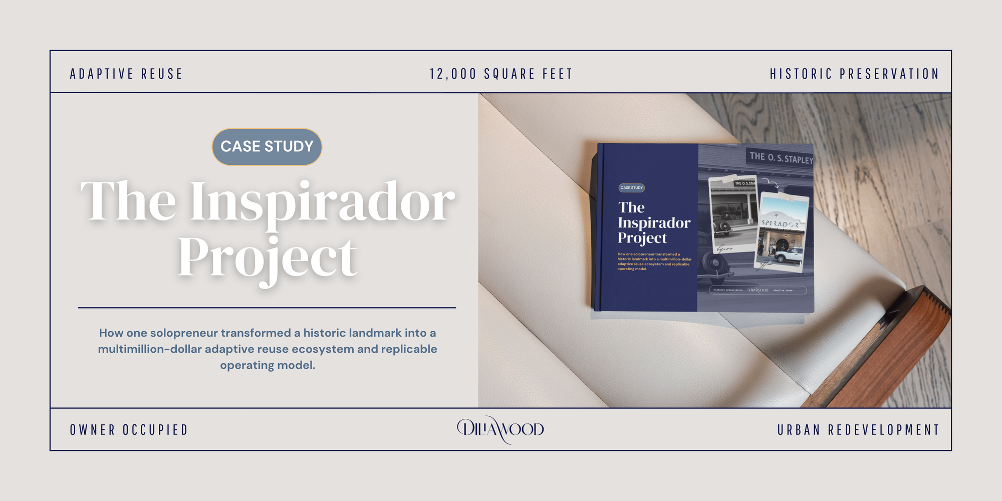 The Inspirador Project case study by Dilia Wood — documenting the adaptive reuse transformation of the 1924 O.S. Stapley Hardware Store at 63 East Boston Street, Chandler, Arizona into a 12,000-square-foot multimillion-dollar event venue and replicable operating model.