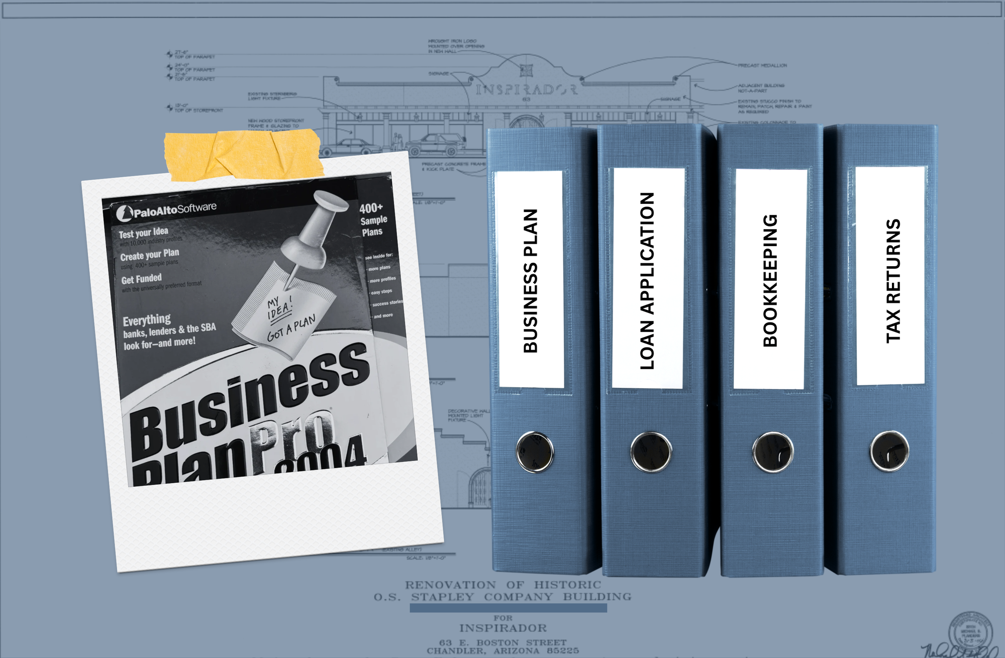 Business Plan Pro 2004 software box beside binders labeled business plan, loan application, bookkeeping, and tax returns, over the Inspirador renovation blueprint